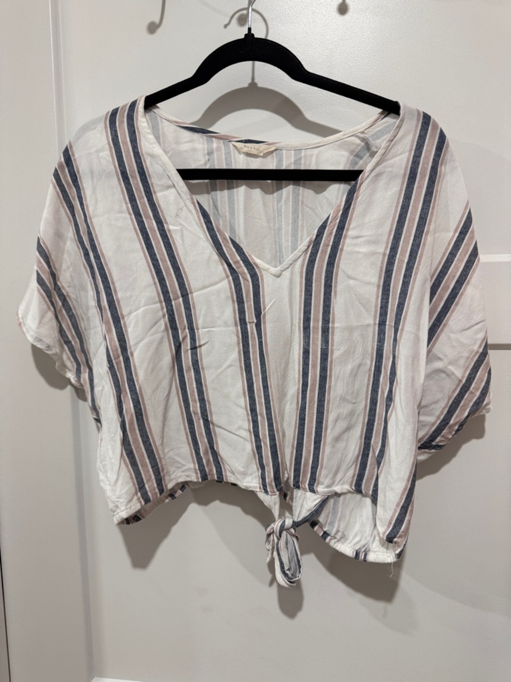 Striped V-Neck Tie-Front Blouse - White with Blue & Tan Stripes